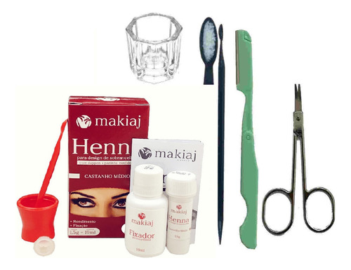 Kit Design Sobrancelha Henna Batoque Navalha Dappen Tesoura Cor Castanho Médio