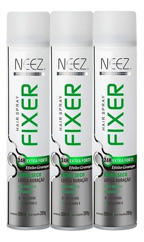 Neez Kit Fixer Hair Spray Extra Forte Efeito Grampo 3 Unidad