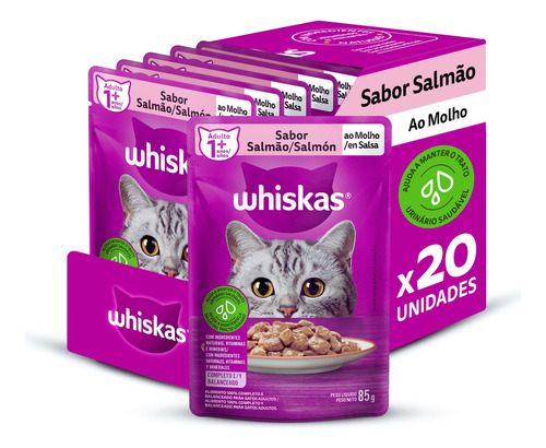 Pack Ração Úmida Whiskas para Gatos Adultos, Sachê Salmão ao Molho, 85g - 20 unidades