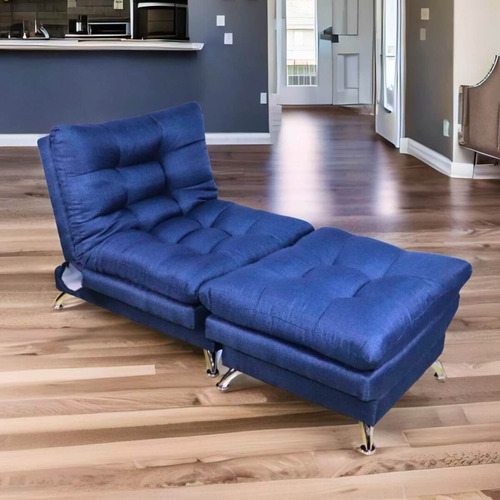 Sillón Con Taburete Futon Individual Sofa Cama Lino Hueso