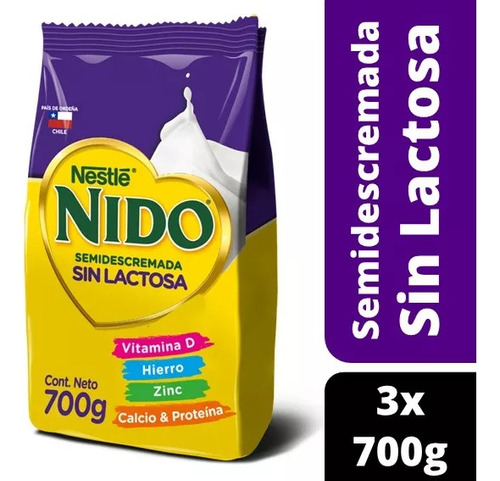 Leche En Polvo Nido® Semidescremada S/lactosa Bolsa 700g X3
