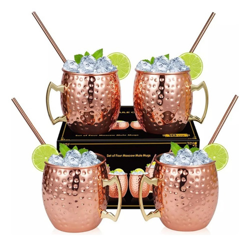 . 4 Tazas De Cobre Martilladas Moscú Con 4 Pajitas De Cobre
