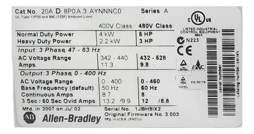 Variador Allen-bradley Powerflex 70 20ad8p0a3aynnnc0 (Usado)