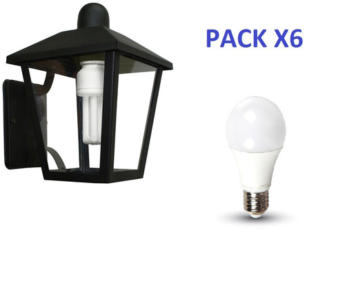 Pack X6 Farol Colonial 270mm + Lampara Led 9w Fria