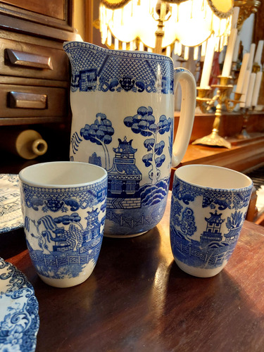 Juego De Platos Y Jarra Vajilla Antigua En Azul Y Blanco (Usado)