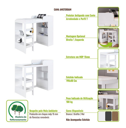 Cama Alta Multifuncional Com Nichos E Escrivaninha Branco