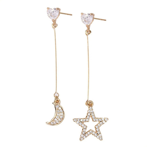 Aretes Broqueles Largos De Estrella Y Luna Diamantadas Lamin