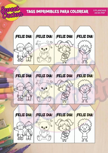 Kit Imprimible Tags Dia Del Niño Para Colorear