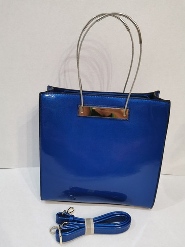 Bolso De Dama Grande De Charol Elegante Azul   (Reacondicionado)