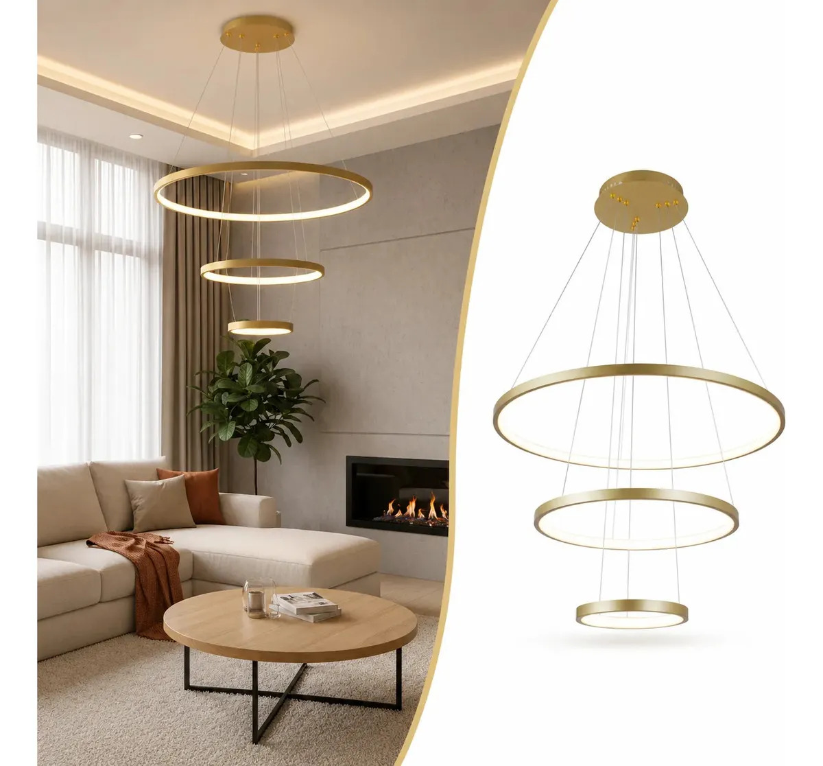 Lustre Led Moderno Pendente Anéis Led 89w 3 Arcos Dourado Requint