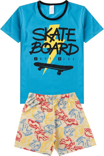 Conjunto Pijama Infantil Menino Algodão Skate Board Azul