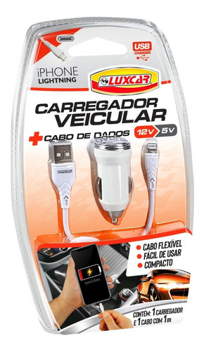 Carregador Veicular + Cabo Dados Luxcar Lightning 12v