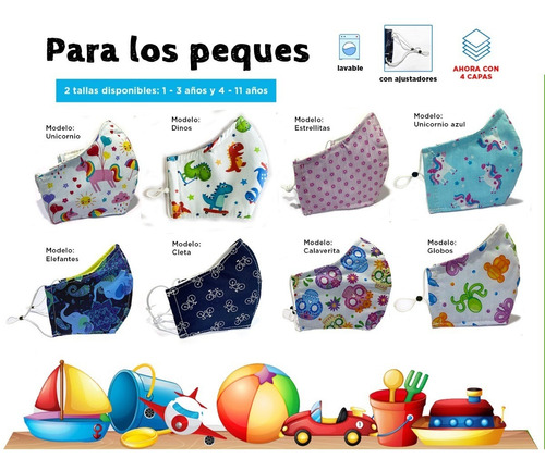 4 Cubrebocas De Tela Para Niños / Porta Filtro /3 Capas