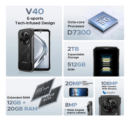 Doogee V40 5g 512gb 32gb Ram 8680mah Resistente Negro