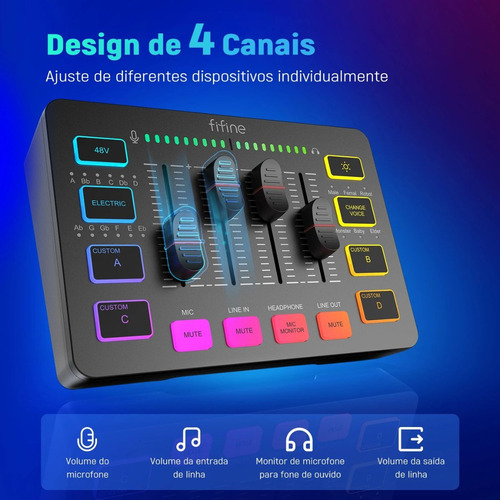 Misturador Ampligame Fifine Sc3 2 Saídas/3 Entradas/usb-c/4