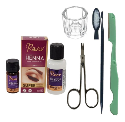 Henna Sobrancelha Raviv +kit Navalha Tesoura Palito E Dappen Cor Preto