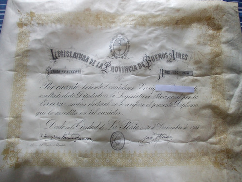 Diplo6- Diploma Diputado Prov. Bs. As. Año 1935