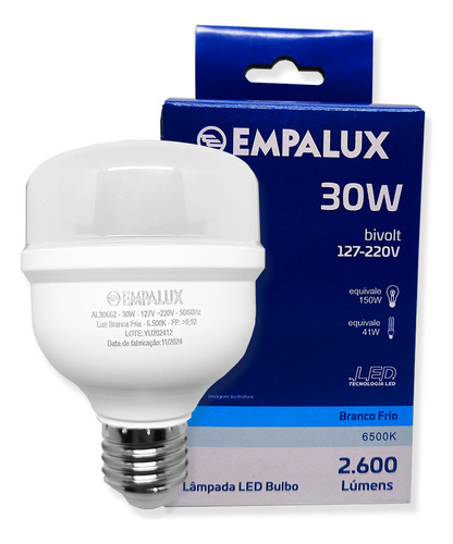 Kit 3 Lâmpadas Bulbo Led Bivolt 30w 6.5k 2600lm E27- Al30662 Branco-frio