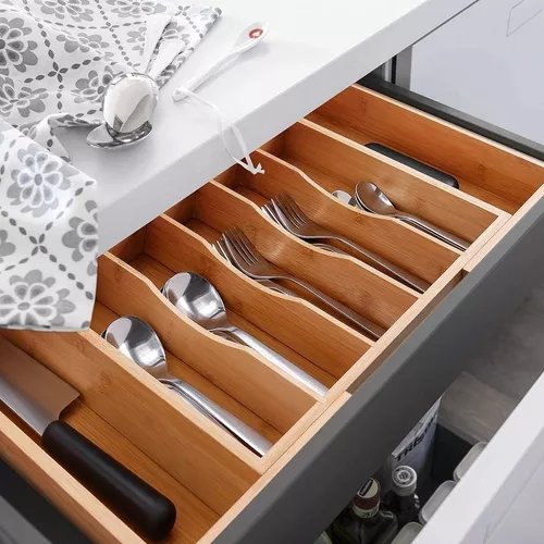 Organizador de cajones de cocina de bambú, soporte para utensilios de  cocina y bandeja de cubiertos con separadores ranurados (9 ranuras, marrón)