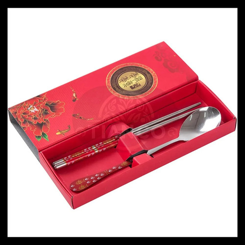 Set Cubiertos Palillos Palitos Sushi + Cuchara Acero Azul