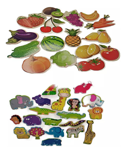 Set De Animales + Frutas Magnéticos Didácticos De Madera