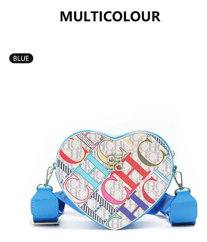 Cartera Chch Azul Forma Corazón Bandolera Moda Correa Ancha Azul Letras Níquel Azul