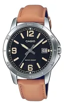 Comprar Reloj De Pulsera Casio Enticer Mtp-v004 De Cuerpo Color Plata, Analógico, Para Hombre, Fondo Negro, Con Correa De Cuero Color Marrón, Agujas Color Plata Y Beige Claro, Dial Beige, Minutero\u002Fsegundero B
