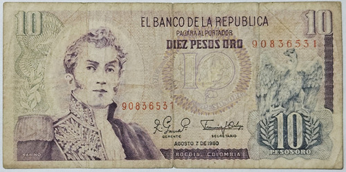 Billete 10 Pesos 07/ago/1980 Colombia F-vf