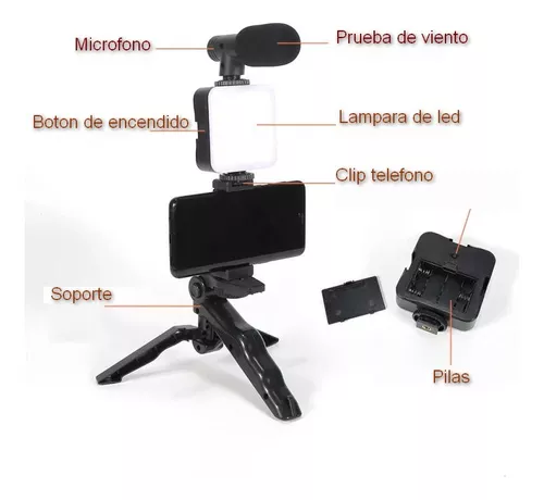 Kit Video Streaming Microfono Para Celular Tripode Luz Led Color Negro