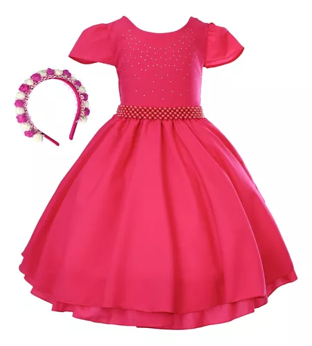 Vestido Infantil Barbie Rosa Brilho e Saia de Tule