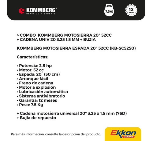Imagen 2 de 7 de Motosierra Kommberg 20 PLG 52 Cc Nafta Cadena Y Bujia Extras