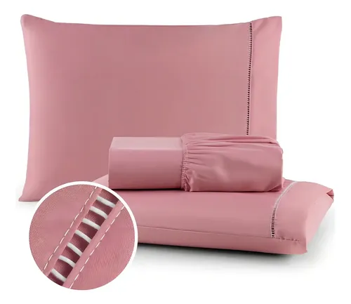 Jogo De Lençol Solteiro Fronhas Ponto Palito Suave Acetinado Cor Rose Desenho Do Tecido Liso