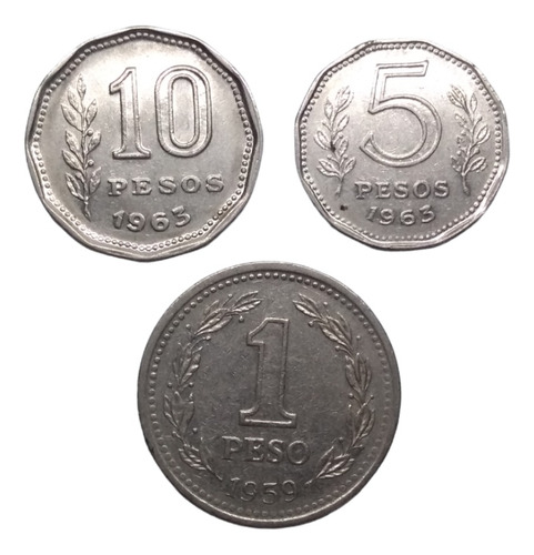  Monedas De Argentina  10, 5 Y 1 Peso 3 Piezas  Años 60's 
