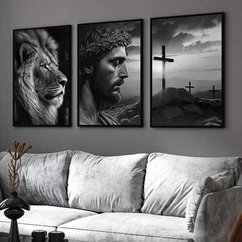 Kit 3 Quadros Decorativos Jesus Leão De Judá Moderno Moldura