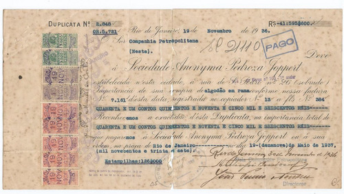 Selos Do Brasil,duplicata Com Selos Fiscal 1936,usado.