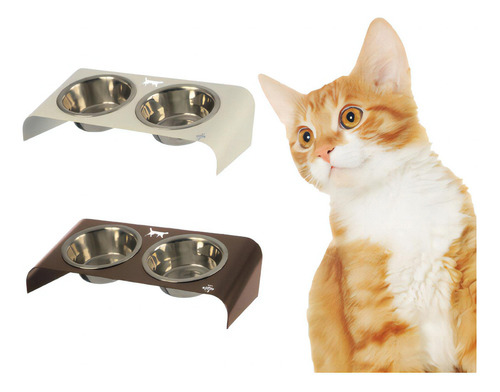 Comedouro E Bebedouro Elevado Inclinado P/ Gatos Potes Inox Cor Marrom