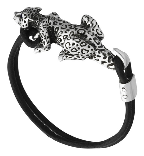 Pulsera Diseño Jaguar En Plata Fina De Ley Y Correa De Piel