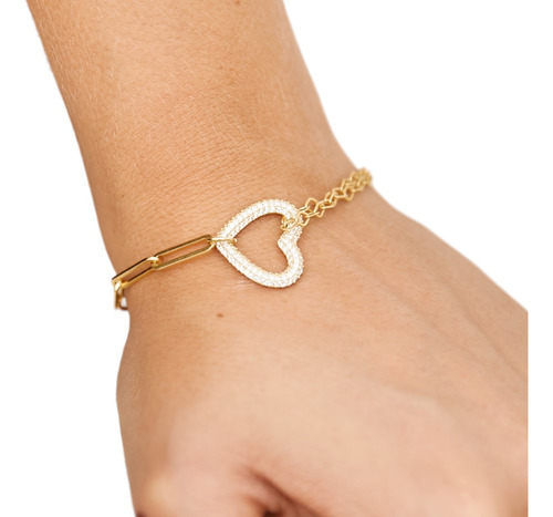 Pulsera Plata 925 Italiana Baño Oro Corazón Cristales Pavé