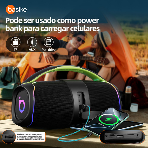 Caixa de Som Portátil Bluetooth, Subwoofer Ativo, Estéreo Hifi, Bombox, com Rgb, Tws 1+1, Bateria 6 Horas, Bluetooth 5.3, Ipx6, Powerbank para Telefones Celulares, Cor Preto