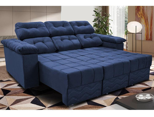 Sofa Itália 2,80m Retrátil Reclinavel Suede Azul Cama Inbox