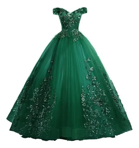 Vestido Color Verde Esmeralda con Manga Larga para Quince Años – Vestidos  de XV