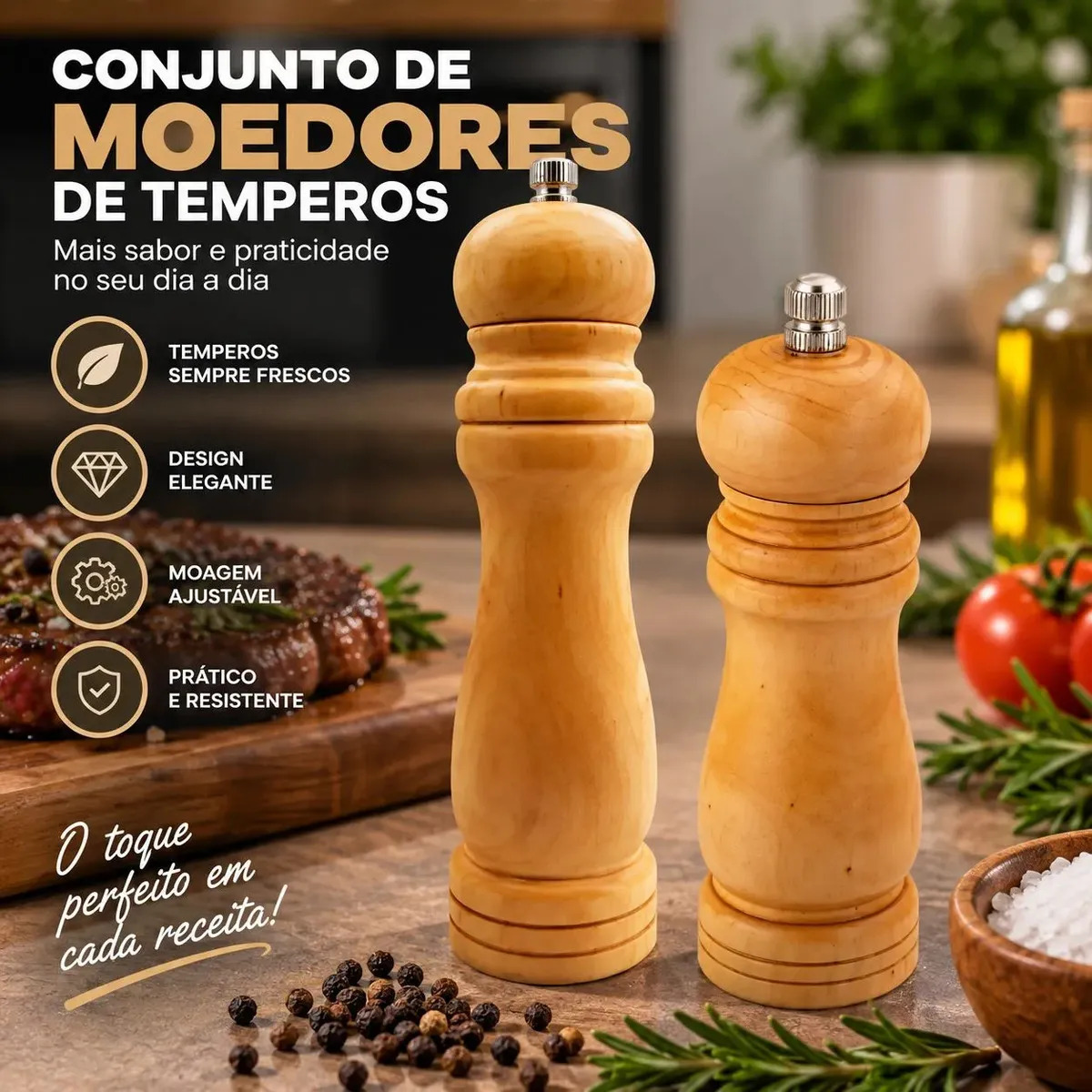 Kit 2 Moedores Pimenta Sal Grosso Madeira Cerâmica 15+20cm Bege Lamericano