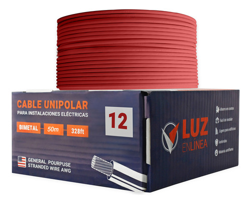 Cable Eléctrico Calibre 12 Caja Con 50m Thw Rojo, Marca Luz En Linea, Modelo Lel-c12-50r
