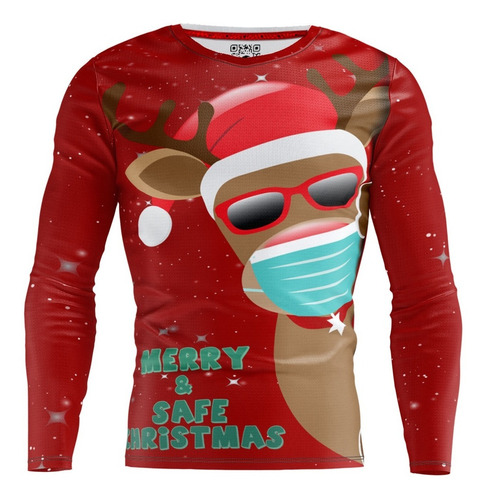 Playera Full Print Navidad Reno Cuarentena Gorrito Roja 