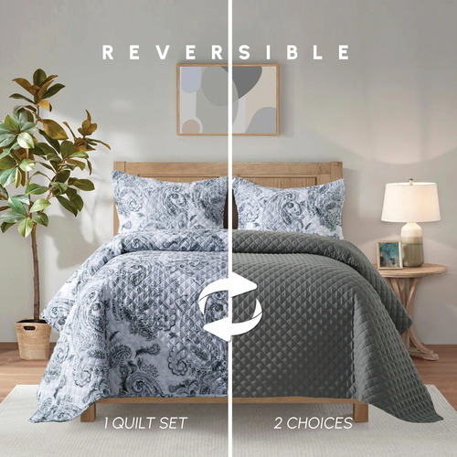 Colcha Reversible 3 Piezas Individual Xl Gris Ultrasuave