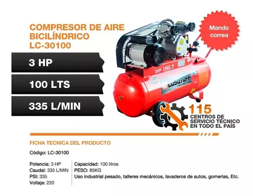 Compresor de Aire con Correa 100 Lts Bicilindrico