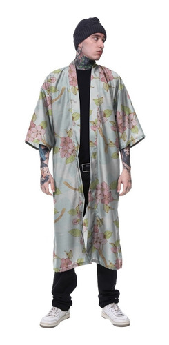 Kimono Haori Longo Floral Sakura Japão Rosas Gold Hype Trap