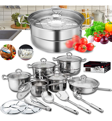 Juego Bateria De Cocina Acero Inoxi Ollas Sarten Humeantes