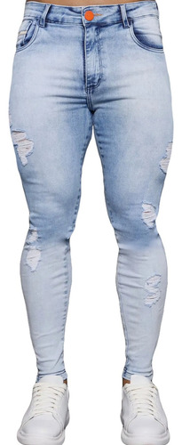 Calça Jeans Masculina Skinny Destroyed Com Detalhes Laterais