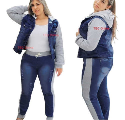 Imagem 3 de 4 de Conjunto Calça Jeans Com Moletom E Jaqueta Capuz Plus Size